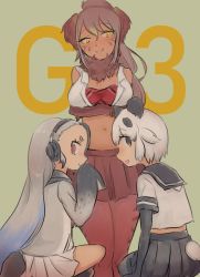Rule 34 | 3girls, animal ears, arms under breasts, bare shoulders, bear ears, bear girl, bear tail, black eyes, black hair, blonde hair, blue hair, breasts, brown hair, cleavage, clothing cutout, crop top, cropped shirt, crossed arms, elbow gloves, empty eyes, facial mark, giant panda (kemono friends), giant penguin (kemono friends), gloves, grey hair, hair between eyes, hand to own mouth, headphones, hood, hoodie, kemono friends, long hair, long sleeves, looking at viewer, looking back, midriff, multicolored hair, multiple girls, navel, north island giant moa (kemono friends), panda ears, panda tail, pantyhose, purple eyes, sailor collar, shirt, short hair, shuushuusha, sitting, skirt, sleeveless, sleeveless shirt, sleeves past fingers, sleeves past wrists, standing, stomach, tail, tail through clothes, tan, two-tone hair, very long hair, yellow eyes