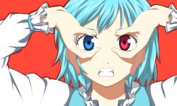 Rule 34 | 1girl, anime coloring, blue eyes, blue hair, blue vest, derivative work, evandragon, hand glasses, heterochromia, highres, joshi kousei, long sleeves, looking at viewer, medium hair, open mouth, parody, red background, red eyes, shirt, simple background, solo, tatara kogasa, teeth, touhou, upper body, vest, white shirt