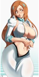 Rule 34 | 1girl, absurdres, bleach, bleach: sennen kessen-hen, blush, breasts, castell, cleavage, cleavage cutout, clothing cutout, crop top, curvy, detached sleeves, hair ornament, hairpin, highres, inoue orihime, large breasts, lips, long hair, long skirt, looking to the side, navel, orange eyes, orange hair, parted bangs, shirt, skirt, smile, solo, stomach, white shirt, white skirt, wide hips