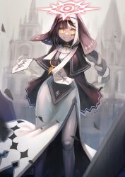 Rule 34 | 1girl, absurdres, black dress, black hair, braid, braided ponytail, church, commission, crazy smile, cross, doll joints, dress, habit, hakusyokuto, halo, highres, joints, latin cross, long hair, long sleeves, looking at viewer, multicolored hair, nun, original, single braid, skeb commission, smile, standing, two-tone dress, two-tone hair, white dress, white hair, wide sleeves, yellow eyes