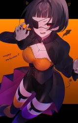 Rule 34 | 1girl, absurdres, asymmetrical legwear, black nails, blunt bangs, breasts, english text, eyepatch, fangs, feet out of frame, garter straps, halloween, halloween costume, happy halloween, highres, lower teeth only, medium breasts, medium hair, nail polish, open mouth, orange background, original, red eyes, shi wo 3, simple background, solo, striped clothes, striped thighhighs, teeth, thighhighs