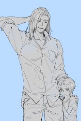 Rule 34 | 2boys, aged down, arm behind head, asymmetrical bangs, blue background, blush, breast pocket, child, closed eyes, collared shirt, father and son, final fantasy, final fantasy viii, hand on another&#039;s leg, hand on another&#039;s shoulder, hiding, hiding behind another, highres, laguna loire, long hair, male focus, multiple boys, nini tw99, open mouth, pants, parent and child, partially colored, pocket, shirt, short hair, shy, simple background, sleeves rolled up, smile, squall leonhart, t-shirt