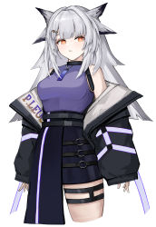 Rule 34 | 1girl, absurdres, ambience synesthesia, arknights, bare shoulders, black jacket, black skirt, blue shirt, blush, breasts, bright pupils, cowboy shot, cropped legs, grey hair, hair ornament, hairclip, highres, jacket, long hair, long sleeves, looking at viewer, medium breasts, off shoulder, open clothes, open jacket, orange eyes, owl ears, parted lips, ptilopsis (arknights), rain (rain8649), shirt, simple background, skirt, sleeveless, sleeveless shirt, solo, thighs, white background, white pupils