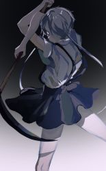 Rule 34 | 1other, androgynous, arms up, back, colored skin, crossed arms, fighting stance, gem uniform (houseki no kuni), ghost quartz (houseki no kuni), grey hair, hair over one eye, highres, holding, holding weapon, houseki no kuni, kawaii wanal, legs apart, looking back, other focus, scythe, serious, shirt, short hair, short hair with long locks, skirt, suspender skirt, suspenders, weapon, white eyes, white shirt, white skin, wide sleeves