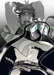 Rule 34 | 1boy, armpits, arms up, battle tendency, bubble, crying, fingerless gloves, gloves, green scarf, hammer, headband, jojo no kimyou na bouken, joseph joestar, joseph joestar (young), male focus, midriff, muted color, ribbon, s gentian, scarf, sledgehammer, solo, spot color, striped clothes, striped scarf, tears