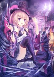 Rule 34 | 10s, 1girl, alc (ex2 lv), ange vierge, bad id, bad pixiv id, banner, blush, breasts, brooch, fang, feet, fire, floating island, hair ornament, hairclip, hand on headwear, hat, highres, jewelry, light, lightning, long hair, looking at viewer, magic, md5 mismatch, no shoes, on one knee, open mouth, original, pink background, pink hair, purple background, purple eyes, purple thighhighs, rain, ribbon, rock, skirt, sky, small breasts, solo, spikes, thighhighs, vest, witch, witch hat