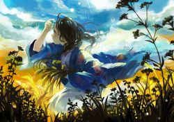 Rule 34 | 1girl, arm up, black hair, blue eyes, bug, butterfly, com kom, day, facing away, flower, from side, holding, holding flower, bug, long hair, looking away, original, outdoors, solo