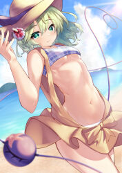 Rule 34 | 1girl, absurdres, beach, black ribbon, blue sky, bow, breasts, closed mouth, cloud, cloudy sky, commentary request, cowboy shot, crop top, dress, flower, green eyes, green hair, hair between eyes, hand up, hat, hat flower, hat ribbon, highres, komeiji koishi, komeiji koishi (the excited eyes of love), light blush, looking at viewer, mountain, navel, outdoors, ribbon, sand, saniraku, short hair, sky, small breasts, solo, stomach, sun hat, swimsuit, third eye, touhou, touhou lostword, underboob, waist bow, water, yellow bow, yellow dress