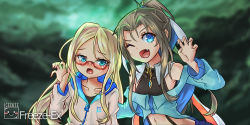 Rule 34 | 1boy, 1girl, artist name, bare shoulders, black shirt, blonde hair, blue eyes, blue jacket, blurry, blurry background, blush, brown hair, center opening, character request, claw pose, cloud, collarbone, covered collarbone, cropped jacket, crystal, embarrassed, facing viewer, fang, flat chest, freeze-ex, gelbooru, gelbooru-tan, glasses, green background, hair intakes, hair ribbon, hair tie, half-closed eyes, hand up, happy, hood, hoodie, jacket, jewelry, long hair, long sleeves, looking at viewer, navel, necklace, nose blush, off shoulder, one eye closed, open mouth, original, outdoors, ponytail, red-framed eyewear, ribbon, semi-rimless eyewear, shiny skin, shirt, sleeveless, sleeveless shirt, smile, stomach, tongue, under-rim eyewear, upper body, watermark, wavy mouth, white jacket, white ribbon, wink, zipper pull tab