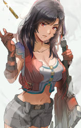 Rule 34 | 1girl, black hair, breasts, brown eyes, bullet, cleavage, cowboy shot, frown, gloves, gun, highres, large breasts, long hair, midriff, mole, mole under mouth, navel, nintendo, ormille, rifle, sharla (xenoblade), shorts, solo, weapon, xenoblade chronicles (series), xenoblade chronicles 1, xenoblade chronicles (series)