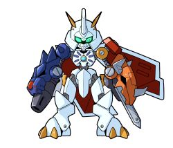 Rule 34 | cannon, digimon, highres, medarot, omegaknight, omegamon, robot, simple background, sword, weapon, white background