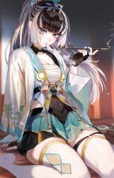 Rule 34 | 1girl, aqua eyes, black hair, breasts, chest sarashi, cleavage, cosplay, covered navel, fingerless gloves, gloves, grey hair, hakama, hakama skirt, haori, highres, holding, holding smoking pipe, hololive, hololive dev is, japanese clothes, juufuutei raden, kazama iroha, kazama iroha (1st costume), kazama iroha (cosplay), long hair, looking at viewer, medium breasts, multicolored hair, murechika, ponytail, sarashi, shrug (clothing), sitting, skirt, smoking, smoking pipe, solo, streaked hair, thighhighs, thighs, virtual youtuber, white thighhighs, zettai ryouiki