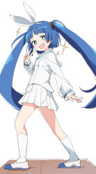 Rule 34 | 1girl, :d, blue eyes, blue hair, blunt bangs, blush, hairband, ixy, long hair, long sleeves, looking at viewer, nipako, open mouth, shirt, shoes, simple background, skirt, smile, socks, solo, sparkle, standing, twintails, ultimate nipper, white background, white footwear, white hairband, white shirt, white skirt