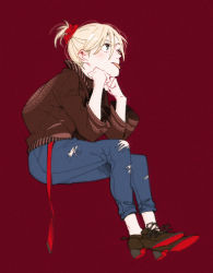 Rule 34 | 1boy, ;p, bad id, bad pixiv id, blonde hair, con potata, denim, green eyes, hair ornament, hair scrunchie, head rest, jacket, jeans, male focus, one eye closed, pants, ponytail, red background, scrunchie, simple background, sitting, tongue, tongue out, torn clothes, torn jeans, torn pants, yuri!!! on ice, yuri plisetsky
