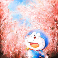 Rule 34 | 1boy, bell, cat, cherry blossoms, collar, commentary request, doraemon, doraemon (character), jingle bell, looking back, male focus, mochizuki tagosaku, open mouth, outdoors, petals, robot, sky, solo, whiskers