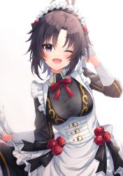 Rule 34 | 1girl, ;d, antenna hair, apron, arm up, ayumi (as0206), black dress, black hair, black ribbon, blush, breasts, buckle, commentary request, corset, cowboy shot, dress, frills, gloves, hand in own hair, highres, idolmaster, idolmaster (classic), idolmaster million live!, idolmaster million live! theater days, kikuchi makoto, long sleeves, maid headdress, medium breasts, neck ribbon, one eye closed, open mouth, parted bangs, purple eyes, red ribbon, ribbon, short hair, simple background, smile, solo, waist apron, white apron, white background, white gloves