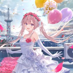 Rule 34 | balloon, bare shoulders, blush, bow, braid, breasts, city, dress, elbow gloves, flower, fukahire (ruinon), gloves, hair bow, hair flower, hair ornament, medium breasts, off-shoulder dress, off shoulder, original, outdoors, petals, pink flower, pink hair, purple eyes, sky, smile, twintails, wedding dress, white bow, white dress, white flower, white gloves