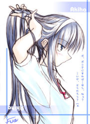 Rule 34 | 00s, 1girl, adjusting hair, arms up, blue hair, character name, from side, fue (rhomphair), hairband, hands in hair, long hair, solo, tohno akiha, translated, tsukihime