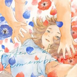 1girl :d anemone_(flower) blue_flower blue_shirt blush brown_eyes brown_hair copyright_notice falling floating_hair flower forehead garden_of_remembrance half-closed_eyes medium_hair midriff_peek miyakanae official_art open_mouth outstretched_arms red_flower second-party_source shirt short_sleeves smile spread_arms t-shirt white_background