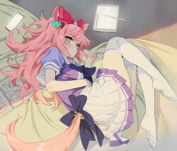 Rule 34 | + +, 1girl, agnes digital (umamusume), animal ears, bed sheet, blue bow, blush, bow, cellphone, choppy bangs, clothing cutout, full body, green eyes, horse ears, horse tail, long hair, looking at viewer, lying, notebook, on side, phone, pink hair, pleated skirt, red bow, sarcophage, school uniform, short sleeves, sidelocks, skirt, smartphone, solo, stylus, tablet pc, tail, tail through clothes, thighhighs, twintails, umamusume, wavy hair, white skirt, white thighhighs, wooden floor