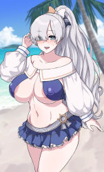 Rule 34 | 1girl, anastasia (fate), anastasia (swimsuit archer) (fate), anastasia (swimsuit archer) (third ascension) (fate), areola slip, bare shoulders, bikini, blue bikini, blue eyes, blue skirt, blush, bow, breasts, cleavage, collarbone, fate/grand order, fate (series), hair bow, hair over one eye, jewelry, large breasts, long hair, long sleeves, looking at viewer, miniskirt, muta poo, navel, necklace, ponytail, puffy long sleeves, puffy sleeves, silver hair, skirt, solo, swimsuit, thighs, very long hair