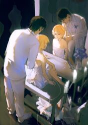 Rule 34 | 1boy, 1other, androgynous, black hair, blonde hair, bride, chain, chrollo lucilfer, crossed legs, crystal earrings, dress, earrings, formal, from above, full body, groom, highres, hunter x hunter, jewelry, kurapika, long sleeves, looking at mirror, mirror, multiple rings, necklace, nen (hunter x hunter), red eyes, ring, scissors, short hair, shouka (ly880217), sitting, suit, waistcoat, wedding dress, white dress, white suit
