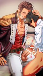Rule 34 | 2boys, bar censor, bara, blue eyes, blush, brown hair, censored, condom, condom on penis, epaulettes, erection, facial hair, fate/grand order, fate (series), foreskin, fringe trim, fujimaru ritsuka (male), goatee, hifumi (3b x), highres, long sideburns, long sleeves, male focus, military, military uniform, multiple boys, muscular, napoleon bonaparte (fate), open clothes, pectorals, penis, penises touching, scar, sideburns, testicles, unbuttoned, uniform, used condom, used condom on penis, yaoi