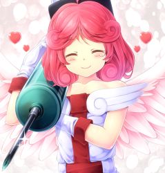 Rule 34 | 1girl, angel wings, bad id, bad pixiv id, bare shoulders, blush, duel monster, closed eyes, gloves, heart, injection fairy lily, komimiyako, large syringe, nurse, oversized object, pink hair, red hair, smile, solo, syringe, wings, yu-gi-oh!