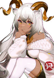 Rule 34 | 1girl, absurdres, animal ears, arknights, beeswax (arknights), beeswax (weisser sand) (arknights), belt, black shorts, breasts, chinese commentary, cleavage, closed mouth, commentary, crossed bangs, dark-skinned female, dark skin, feng yu tiankong zhu, goat ears, goat horns, hair between eyes, head rest, highres, horns, jacket, legs together, light smile, long hair, long sleeves, looking at viewer, medium breasts, off shoulder, official alternate costume, open clothes, open jacket, short shorts, shorts, simple background, sitting, solo, thighhighs, thighs, white background, white hair, white jacket, white thighhighs, yellow eyes