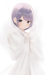 Rule 34 | 1girl, behind cover, blush, closed mouth, covering privates, highres, hiroki (yyqw7151), looking at viewer, nude, original, purple eyes, purple hair, short hair, simple background, smile, solo, white background