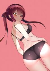 Rule 34 | 1girl, absurdres, ass, back, black bra, black panties, black ribbon, blush, bra, breasts, closed mouth, cowboy shot, dutch angle, embarrassed, from behind, hair ribbon, hand on own hip, heterochromia, highres, hololive, houshou marine, large breasts, light frown, long hair, looking at viewer, looking back, melow menow, panties, pink background, red eyes, ribbon, simple background, solo, standing, twintails, underwear, underwear only, virtual youtuber, yellow eyes