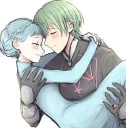 Rule 34 | 1boy, 1girl, black gloves, black shirt, blue dress, blue hair, blush, braid, byleth (fire emblem), byleth (male) (fire emblem), carrying, closed eyes, closed mouth, commentary request, couple, crown braid, dress, enlightened byleth (male), fire emblem, fire emblem: three houses, forehead-to-forehead, gauntlets, gloves, green hair, heads together, hetero, highres, jewelry, long sleeves, marianne von edmund, nintendo, oby lt, princess carry, profile, ring, shirt, short hair, simple background, smile, wedding ring
