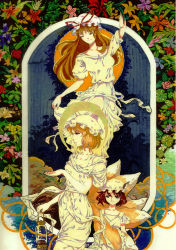 Rule 34 | 3girls, absurdres, alternate costume, animal ears, arm up, art nouveau, blonde hair, breasts, brown hair, cat ears, chen, collarbone, colored pencil (medium), commentary request, crescent moon, dress, closed eyes, floral background, flower, fox tail, halo, hand up, hat, hat ribbon, highres, lantern, lips, long hair, looking afar, looking to the side, medium breasts, mirror (artist), mirror (mirror749), mob cap, moon, multiple girls, multiple tails, nose, parody, pen (medium), puffy short sleeves, puffy sleeves, ribbon, rose, short hair, short sleeves, skirt hold, sun, tail, team shanghai alice, touhou, traditional media, white dress, yakumo ran, yakumo yukari