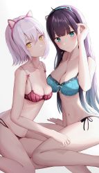 Rule 34 | 2girls, absurdres, breasts, cleavage, closed mouth, hair ornament, highres, inaka 44, lingerie, long hair, looking at viewer, multiple girls, navel, original, short hair, simple background, small breasts, smile, thighhighs, underwear, underwear only, white background, yellow eyes
