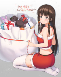 Rule 34 | 1girl, absurdres, ass, back, bag, bare shoulders, blunt bangs, blush, bow, breasts, brown hair, christmas, crop top, feet, fur trim, garter straps, gift, gradient background, highres, legs together, long hair, looking at viewer, looking to the side, merry christmas, midriff, original, qoray7, red skirt, ribbon, sack, seiza, shoulder blades, sidelocks, sitting, skirt, sleeveless, smile, solo, stuffed animal, stuffed rabbit, stuffed toy, teddy bear, thighhighs, white thighhighs, zettai ryouiki
