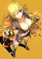 Rule 34 | &gt;;), 1girl, absurdres, ahoge, arm guards, armor, belt, belt buckle, black footwear, black gloves, black jacket, black shorts, blonde hair, boots, breasts, buckle, cleavage, clenched hands, covered erect nipples, fingerless gloves, full body, gloves, hair between eyes, highres, jacket, knee boots, large breasts, light particles, long hair, looking at viewer, looking away, looking up, loose thighhigh, midriff, navel, one eye closed, open clothes, open jacket, purple eyes, revision, rwby, scarf, shadow, shorts, shotgun shell, signature, simple background, smile, solo, standing, tareme, thighhighs, v-shaped eyebrows, very long hair, wink, yamacchi, yang xiao long, yellow background, yellow scarf, yellow thighhighs