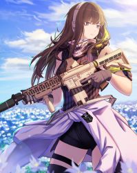 Rule 34 | 1girl, 3 small spiders, absurdres, assault rifle, black gloves, black scarf, black shorts, blue sky, breasts, brown eyes, brown hair, brown sweater vest, closed mouth, clothes around waist, commentary, feet out of frame, field, flower, flower field, girls&#039; frontline, gloves, griffin &amp; kryuger, grifon &amp; kryuger, gun, headphones, headset, highres, holding, holding gun, holding weapon, jacket, jacket around waist, long hair, looking away, m4 carbine, m4a1 (girls&#039; frontline), multicolored hair, rifle, scarf, shorts, sky, solo, standing, sweater vest, walkie-talkie, weapon, white jacket