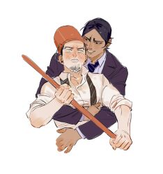 Rule 34 | 2boys, black eyes, black hair, broom, brown necktie, bucket, bucket on head, chengongzi123, collared jacket, collared shirt, cropped torso, dark-skinned male, dark skin, drooling, facial hair, goatee stubble, golden kamuy, green eyes, green necktie, grin, hands up, highres, holding, holding broom, hug, hug from behind, jacket, koito otonoshin, long sleeves, looking at another, looking at viewer, male focus, mouth drool, multiple boys, necktie, object on head, open mouth, purple jacket, purple necktie, purple shirt, shirt, short hair, simple background, smile, striped necktie, stubble, tsukishima hajime, very short hair, white background