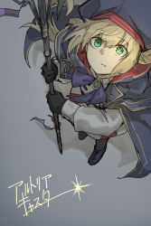 Rule 34 | 1girl, artoria caster (fate), artoria pendragon (fate), black gloves, blonde hair, bow, bowtie, cape, character name, dress, fate/grand order, fate (series), gloves, green eyes, hat, holding, holding staff, kankan33333, long sleeves, looking at viewer, parted lips, purple bow, purple bowtie, solo, staff, standing, white dress