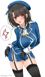 Rule 34 | 1girl, ascot, ass grab, beret, black gloves, black hair, black thighhighs, blue headwear, blush, breasts, chamumi (mochiumee), garter straps, gloves, grabbing own ass, hat, highres, kantai collection, large breasts, looking at viewer, military, military uniform, one-hour drawing challenge, open mouth, red eyes, short hair, simple background, surprised, takao (kancolle), thighhighs, twitter username, uniform, white background