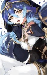Rule 34 | 1girl, black gloves, blue hair, drill hair, drill sidelocks, elf, fang, genshin impact, gloves, highres, hood, layla (genshin impact), looking at viewer, open mouth, orange eyes, pointy ears, remoparu, sidelocks, simple background, sitting, solo, teeth, twin drills, upper teeth only, white background