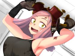 Rule 34 | 10s, 1girl, :d, armpits, bare shoulders, blush, boku no hero academia, breasts, dirty, dirty face, gloves, goggles, goggles on head, hatsume mei, indoors, large breasts, looking back, medium hair, open mouth, pink hair, smile, solo, sweat, tamezou, tank top, upper body, yellow eyes