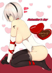 Rule 34 | 1girl, artist name, bare shoulders, black blindfold, black gloves, black hairband, black thighhighs, blindfold, box, breasts, chocolate, english text, gloves, hairband, heart, heart-shaped box, large breasts, nier (series), nier:automata, ryu seung, short hair, simple background, smile, solo, thighhighs, valentine, vambraces, white background, white hair, 2b (nier:automata)