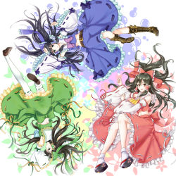 Rule 34 | 3girls, alternate color, ascot, back, belt, black hair, blue eyes, boots, crop top, cross-laced footwear, detached sleeves, full body, green eyes, hair ornament, hair ribbon, hair tubes, hakurei reimu, japanese clothes, lace-up boots, long hair, long skirt, long sleeves, looking at viewer, looking back, midriff, miko, multiple girls, multiple persona, navel, open mouth, petals, player 2, ponytail, profile, red eyes, ribbon, sandals, skirt, skirt set, smile, socks, thighhighs, torinari (dtvisu), touhou, upside-down, white legwear, wide sleeves, zettai ryouiki