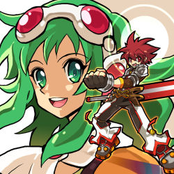 Rule 34 | 1boy, 1girl, armor, belt, clenched hand, crossover, elsword, elsword (character), gloves, green eyes, green hair, gumi, pants, red eyes, red hair, shoes, short hair, smile, spiked hair, sword, sword knight (elsword), vocaloid, weapon, zaionic