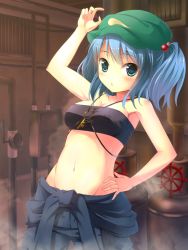 Rule 34 | 1girl, :o, arm up, belly, blue eyes, blue hair, blush, breasts, cleavage, clothes around waist, female focus, fujino (yoshi9798174), groin, hair bobbles, hair ornament, hand on own hip, hat, highres, industrial pipe, jacket, jacket around waist, kawashiro nitori, key, looking at viewer, matching hair/eyes, navel, solo, strapless, touhou, tube top, twintails, two side up
