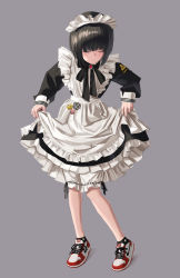 Rule 34 | 1girl, absurdres, apron, bad id, bad twitter id, black dress, black hair, black ribbon, black socks, brooch, closed eyes, closed mouth, contrapposto, dress, facing viewer, full body, gishiki (gshk), grey background, highres, jewelry, long sleeves, maid, maid apron, maid headdress, neck ribbon, original, pin, red footwear, ribbon, shoes, short hair, simple background, smiley face, socks, solo, standing, white apron, yin yang