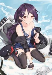 Rule 34 | 1girl, azur lane, black thighhighs, breasts, cassin (azur lane), cassin (retrofit) (azur lane), cleavage, fingerless gloves, gloves, hair ornament, hairclip, highres, jacket, long hair, looking at viewer, low ponytail, machinery, medium breasts, mole, mole under eye, mosta (lo1777789), off shoulder, purple hair, red eyes, shirt, single glove, sitting, snow, snowing, solo, thighhighs, torn clothes, torn shirt, torpedo tubes, turret, wariza