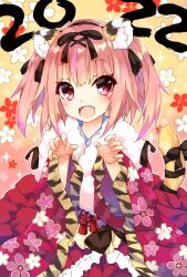 Rule 34 | 1girl, 2022, animal ears, black bow, black ribbon, bow, claw pose, commentary, cowboy shot, facial mark, fangs, floral background, floral print, fur collar, furisode, hair ribbon, hands up, highres, iriam, japanese clothes, kemonomimi mode, kimono, light blush, medium hair, open mouth, pink eyes, pink hair, pink nails, red kimono, ribbon, saeki touma, skin fangs, smile, solo, symbol-only commentary, tail, tail bow, tail ornament, tail ribbon, tiger ears, tiger tail, two side up, virtual youtuber, yumemi tete