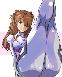 Rule 34 | 1girl, ass, ass focus, blue eyes, bodysuit, breasts, evangelion: 3.0+1.0 thrice upon a time, eyepatch, headgear, huge ass, interface headset, kamisimo 90, legs, legs up, long hair, looking at viewer, medium breasts, multicolored bodysuit, multicolored clothes, neon genesis evangelion, orange hair, pilot suit, plugsuit, rebuild of evangelion, science fiction, shiny clothes, simple background, sitting, smile, solo, souryuu asuka langley, two side up, very long hair, white bodysuit, wide hips